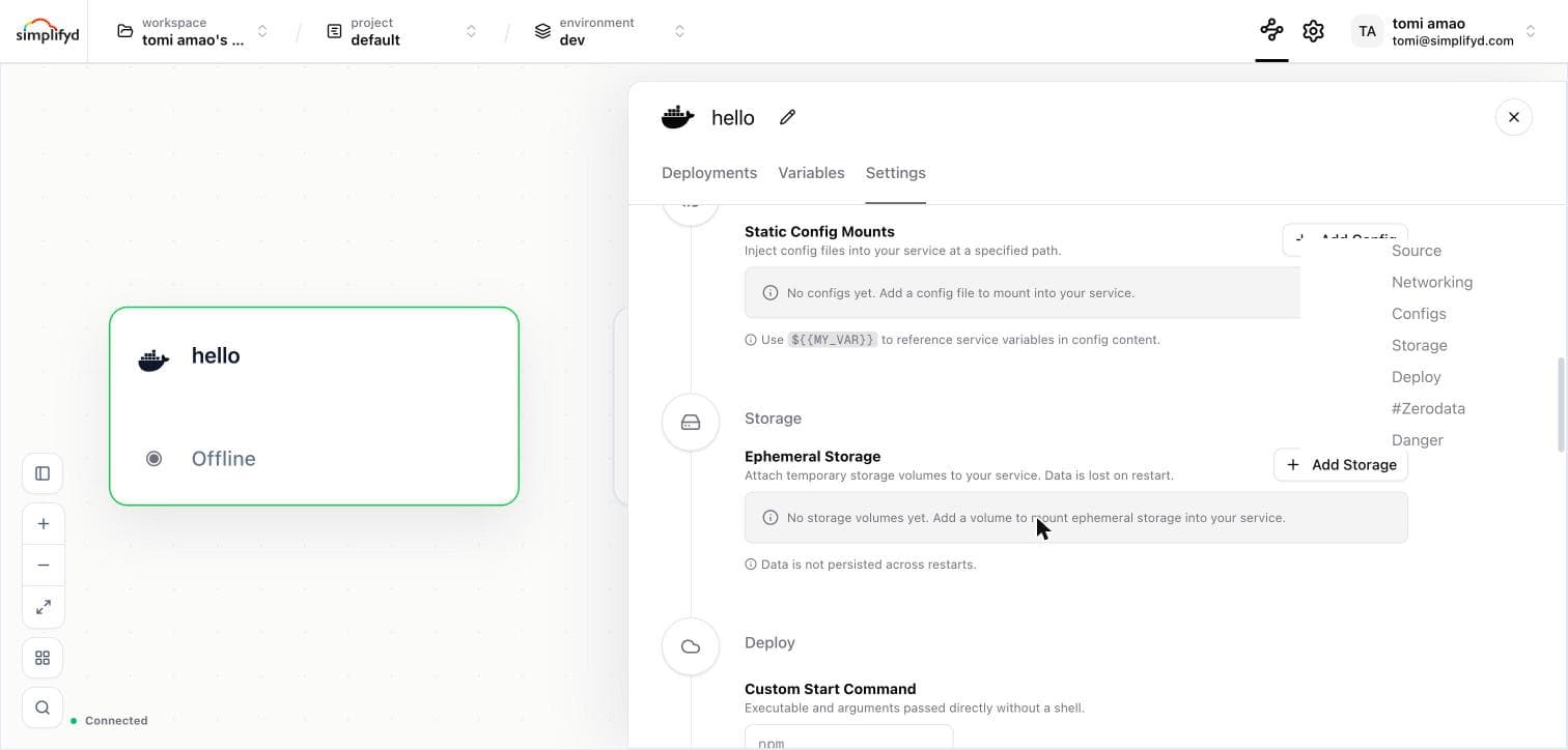 The Configs and Storage sections of a service's Settings tab