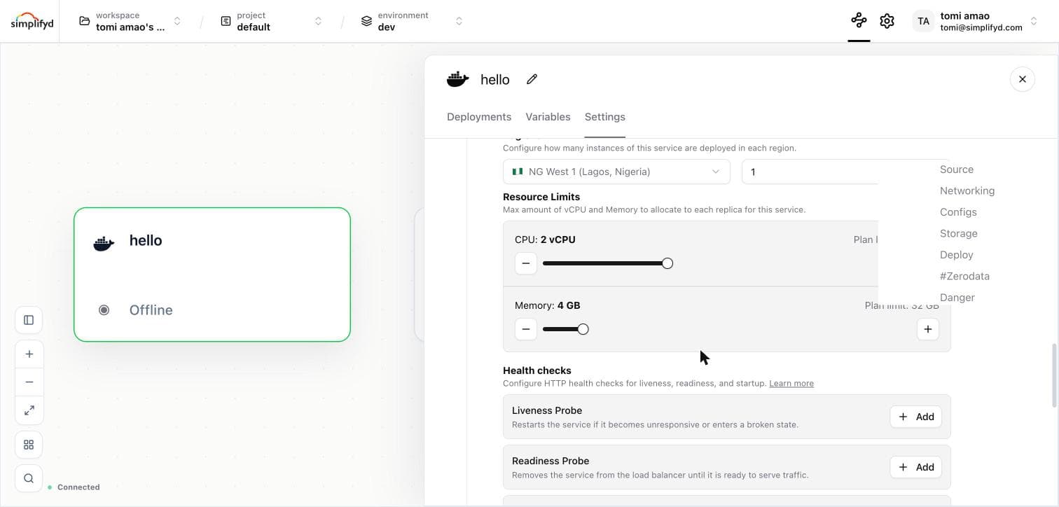 Resource limits and health check settings for a Docker service