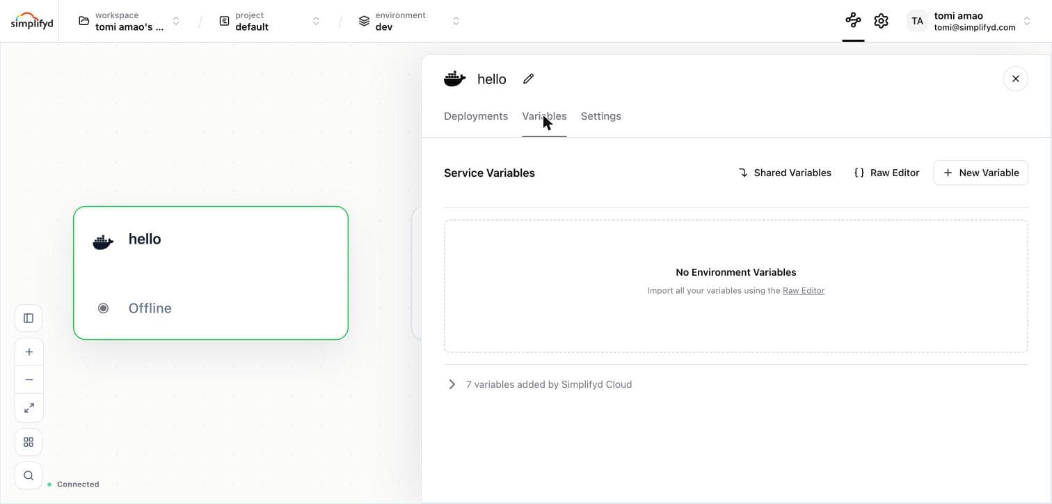 The Variables tab of a service panel
