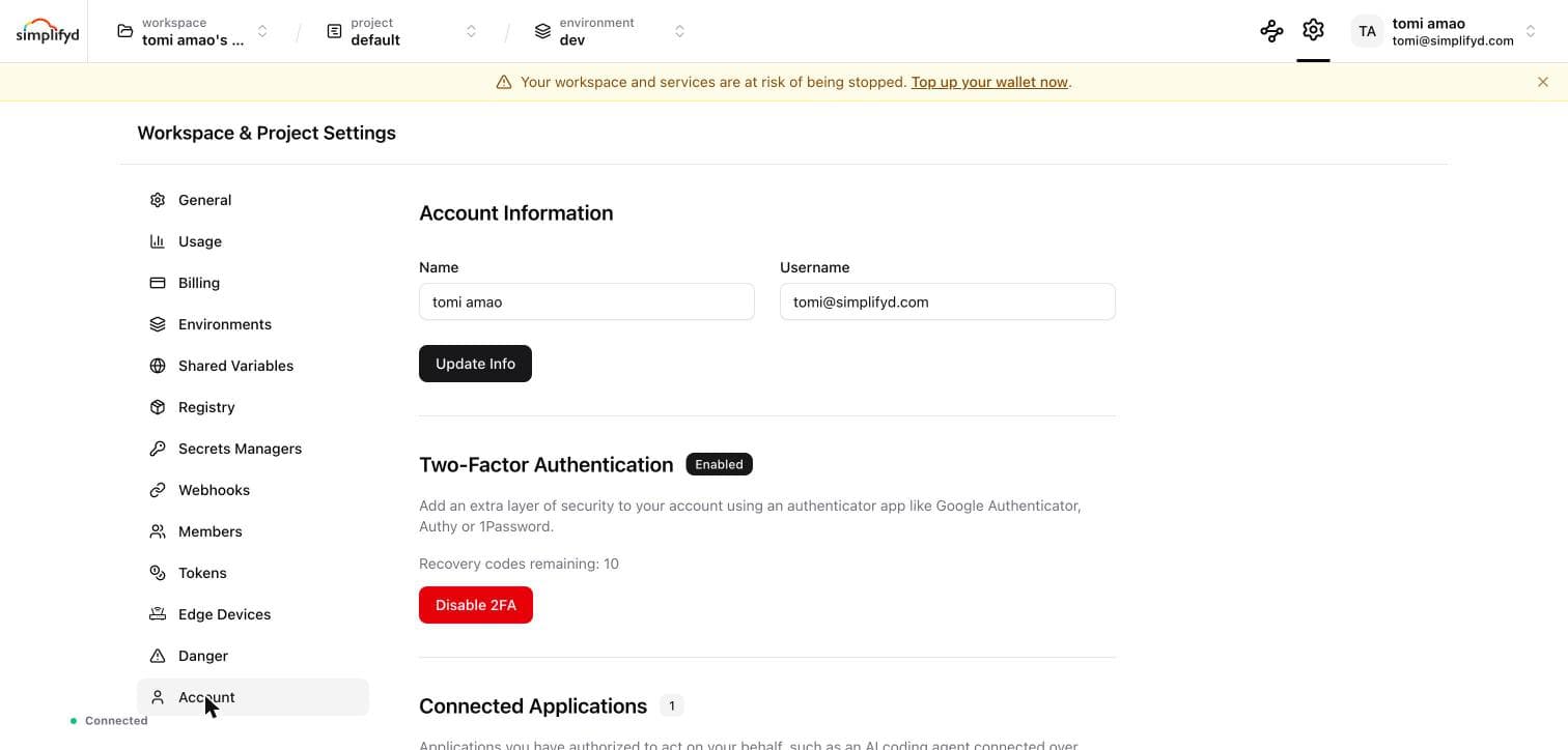 The Account page with two-factor authentication enabled