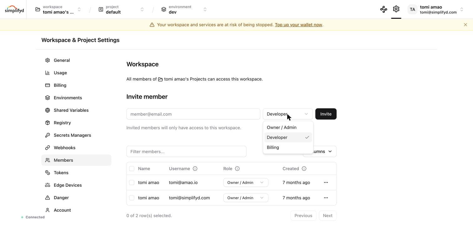 The Members page with the role dropdown open