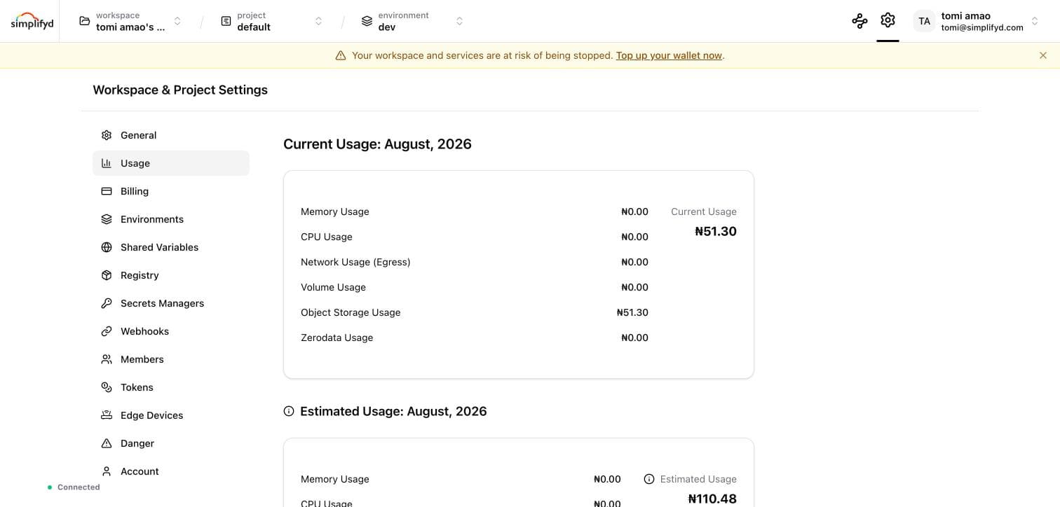 The Usage page showing current and estimated usage by cost component