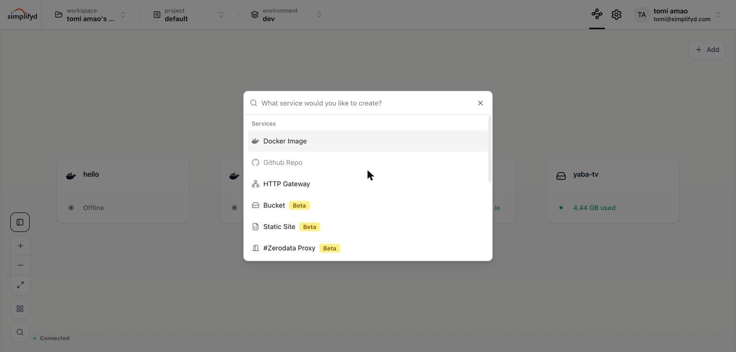 The Add menu on the project canvas, listing the service types you can create